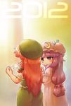  2girls :&lt; blush bow braid crescent from_behind hair_bow hat hong_meiling long_hair multiple_girls new_year patchouli_knowledge purple_eyes purple_hair red_hair sankuma touhou 