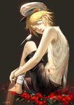  androgynous animal animal_on_leg artist_name bandage_over_one_eye bandaged_leg bandages bangs bare_shoulders barefoot bird bird_on_leg black_background black_shorts blonde_hair earrings eyelashes flower green0205 hat jewelry knee_up light_particles looking_at_viewer male_focus oliver_(vocaloid) own_hands_together parted_lips petals red_flower sailor_hat shorts sitting sleeveless solo stud_earrings vocaloid yellow_eyes 