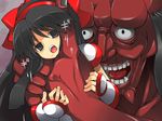  black_eyes black_hair bow female girl gloves hair_ribbon long_hair miko monster nakoruru open_mouth ribbon samurai_spirits shamanwer snk youkai_kusaregedo 