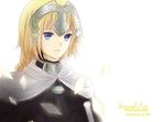  armor blonde_hair blue_eyes braid cape character_name copyright_name fate/apocrypha fate_(series) fifthtarget headpiece jeanne_d'arc_(fate) jeanne_d'arc_(fate)_(all) long_hair purple_eyes solo 