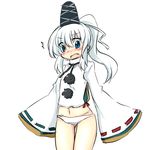  1girl bad_id bad_pixiv_id blue_eyes blush fang fuuen_(akagaminanoka) hair_ribbon hat hat_ribbon japanese_clothes kariginu long_sleeves midriff mononobe_no_futo navel no_pants open_mouth panties pom_pom_(clothes) ponytail ribbon shirt silver_hair solo surprised touhou underwear wavy_mouth white_panties 