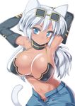  animal_ears armpits arms_behind_head arms_up bikini_top blue_eyes breasts cat_ears cat_tail cleavage covered_nipples dark_skin elbow_gloves eyelashes eyewear_on_head gloves kaiten_muten-maru large_breasts long_hair nagase_haruhito navel open_fly shamu_meruruusa shorts silver_hair simple_background solo strap_gap sunglasses tail tsurime unbuttoned unzipped white_background white_hair 
