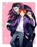  bad_id bad_pixiv_id black_eyes black_hair bracelet caster_(fate/zero) fate/zero fate_(series) jacket jewelry kubyou_azami male_focus multiple_boys one_eye_closed orange_hair purple_jacket uryuu_ryuunosuke 