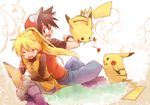  1girl baseball_cap black_hair blonde_hair chuchu_(pokemon) couple flower gen_1_pokemon hair_flower hair_ornament hat hetero indian_style laughing long_hair no_hat no_headwear pika_(pokemon) pikachu pokemon pokemon_(creature) pokemon_special ponytail red_(pokemon) sitting spiked_hair unagi_(kobucha_blaster) wristband yellow_(pokemon) 