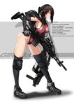  battle_rifle blush breasts covered_nipples gloves grenade_launcher gun headset highres knee_pads large_breasts leotard long_hair m14 military_operator milkor_mgl original ponytail rifle shadow sideboob sling thighhighs tom_keith vertical_foregrip weapon 