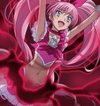  aqua_eyes armpits arms_up belly bow brooch choker cure_melody eyelashes frilled_skirt frilled_sleeves frills from_below hair_bow hair_ribbon haruyama_kazunori heart houjou_hibiki jewelry long_hair midriff miniskirt navel open_mouth pink_bow pink_choker pink_hair pink_ribbon precure pubic_hair red ribbon skirt smile solo suite_precure twintails very_long_hair 