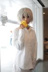  cosplay death_note dress_shirt haruta_mochiko highres near pants photo rubber_duck shirt short_hair silver_hair 
