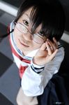  braid cosplay glasses hiyo_mikuriya nakajima_sanae photo school_uniform serafuku sumomomo_momomo twin_braids 