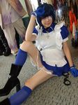  blue_hair boots cosplay cuffs eyepatch gloves handcuffs ikkitousen kneehighs maid maid_apron maid_uniform namada photo ryomou_shimei ryomou_shimei_(cosplay) 