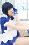  blue_hair cosplay cuffs eyepatch gloves handcuffs highres ikkitousen kneehighs maid maid_apron maid_uniform namada photo ryomou_shimei ryomou_shimei_(cosplay) 
