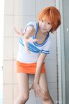  1girl asian cosplay female miniskirt nami nami_(cosplay) nami_(one_piece) nami_(one_piece)_(cosplay) one_piece orange_hair photo shiriru shirt skirt solo standing striped striped_shirt t-shirt tshirt 