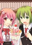  1girl ahoge animal_ears dog_ears food fruit green_hair kurot original parfait pink_hair red_eyes spoon strawberry 