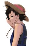  ahoge alternate_costume bare_shoulders black_hair dawn520 from_side hat makoto_(street_fighter) overalls solo straw_hat street_fighter street_fighter_iii_(series) tank_top upper_body 