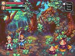  1girl animated animated_gif bandana battle blonde_hair boots bow_(weapon) chrono_trigger crono crossbow directional_arrow forest hair_ribbon health_bar jetryl leaf lowres marle menu mushroom nature pixel_art quiver red_hair ribbon sword tree weapon 