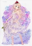  absurdres atelier_(series) atelier_meruru bare_shoulders barefoot blonde_hair blue_flower blue_rose bouquet crown dress dress_lift feet flower frills half_updo highres jewelry kishida_mel long_hair merurulince_rede_arls multicolored multicolored_rose necklace pink_flower pink_rose purple_flower purple_rose rose smile solo tiptoes wavy_hair white_flower white_rose 