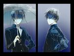  absurdres aki_(sakami) black_hair blue_eyes dual_persona glasses highres male_focus melty_blood multiple_boys nanaya_shiki rain school_uniform toono_shiki tsukihime umbrella 