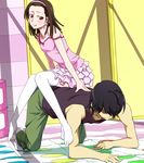  1girl all_fours araragi_koyomi bakemonogatari blurry brown_eyes brown_hair camisole feet frilled_skirt frills hairband human_chair human_furniture legs long_legs monogatari_(series) naughty_face nisemonogatari sengoku_nadeko short_hair sitting sitting_on_person skirt smug thighhighs touryou twister zettai_ryouiki 