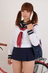 1girl asian bag bicycle brown_hair highres long_hair make_up makeup photo school_uniform schoolgirl skirt standing twintails uniform 