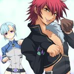  1girl aquarion_(series) aquarion_evol blue_hair breasts fang fin_e_ld_si_laffinty kagura_demuri medium_breasts paw_pose purple_eyes red_hair rinne_no_lagrange season_connection wancozow yellow_eyes 