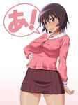  a azumanga_daiou breasts brown_eyes brown_hair commentary_request covered_nipples hand_on_hip kagura_(azumanga_daiou) large_breasts looking_at_viewer pleated_skirt school_uniform shikuta_maru short_hair skirt smile solo speech_bubble 