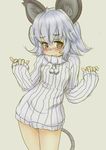  animal_ears bare_legs blush bottomless grey_background grey_hair ishikkoro mouse_ears mouse_tail naked_sweater nazrin no_pants red_eyes ribbed_sweater short_hair simple_background sketch solo sweater tail touhou 