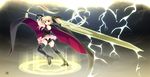  ass bardiche belt black_legwear blonde_hair boots cape energy_sword fate_testarossa gloves hair_ribbon highres huge_weapon lightning long_hair lyrical_nanoha magic_circle mahou_shoujo_lyrical_nanoha red_eyes ribbon skirt solo sword tebukuro thighhighs twintails very_long_hair weapon 