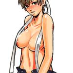  bad_id bad_pixiv_id breasts brown_eyes brown_hair censored convenient_censoring hachimaki headband kasugano_sakura large_breasts midriff navel nipple_censor okada_(hoooojicha) open_fly short_hair solo street_fighter topless unzipped upper_body 