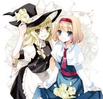  alice_margatroid apron bad_id bad_pixiv_id blonde_hair blue_eyes bow capelet cierra_(ra-bit) dress dress_lift flower green_eyes grin hair_bow hairband hand_on_headwear hat hat_flower kirisame_marisa long_hair long_sleeves multiple_girls open_mouth petals puffy_sleeves rose short_hair short_sleeves skirt_basket smile touhou white_flower white_rose witch_hat yellow_eyes 