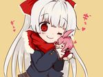  ;) ahoge alternate_costume animal_ears blush bow chibi dress fujiwara_no_mokou gantai_usagi hair_bow hat heart highres hug huge_ahoge jacket long_hair multiple_girls mystia_lorelei one_eye_closed pink_hair red_eyes red_scarf scarf short_hair smile touhou white_hair 