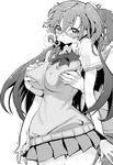  ano_natsu_de_matteru blush breast_squeeze breasts glasses greyscale hyocorou large_breasts long_hair monochrome skirt solo sweater_vest takatsuki_ichika 