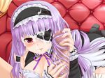  1girl blush breasts censored cleavage cum dream_c_club eyepatch hairjob handjob mari_(dream_c_club) penis purple_hair sex 