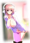  bow bow_panties breasts cleavage covered_nipples dress_shirt gen_(black_factory) headphones highres large_breasts leaning_forward long_hair nitroplus open_clothes open_shirt panties panty_pull pink_hair pink_panties red_eyes shirt solo super_sonico unbuttoned underwear undressing 