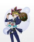  card domino_high_school_uniform duel_disk duel_monster holding holding_card kuriboh male_focus multicolored_hair purple_eyes smile spiked_hair summer_tree_(natsuking) yami_yuugi yuu-gi-ou yuu-gi-ou_duel_monsters 