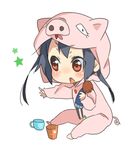  animal_costume bad_id bad_pixiv_id black_hair bodysuit brown_eyes character_doll hirasawa_yui k-on! long_hair nakano_azusa pig pig_costume pink_bodysuit solo sunameri_oishii twintails younger 