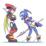  1girl android blonde_hair blue_eyes blue_hair boots breasts gloves helmet leviathan_(rockman) long_hair medium_breasts polearm ponytail rockman rockman_zero spear thighhighs very_long_hair weapon yellow_eyes zero_(rockman) 