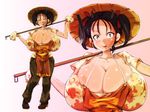  apron black_hair breasts brown_hair cleavage cow_girl_(hataraki) curvy erect_nipples farmer female gigantic_breasts gloves gradient gradient_background hat hataraki_ari hips hoe horns huge_nipples impossible_clothes looking_at_viewer nipples no_bra original pants puffy_nipples see-through shirt shoes short_twintails simple_background smile solo standing trousers twintails wide_hips worktool yellow_eyes 