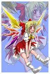  alternate_hairstyle blonde_hair boots bow cirno cirno_(cosplay) cosplay fang flandre_scarlet hair_bow highres izuna_nie md5_mismatch open_mouth ponytail red_eyes short_hair smile solo touhou wings zoom_layer 