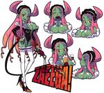  1girl areolae blue_skin blush blushing breasts demon_girl drill_hair fangs green_skin horns huge_breasts ishikawa_hideki large_breasts legwear long_hair maid monster_girl pink_hair red_eyes scar stitches stockings tail tears thighhighs undead zombie 
