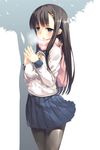  black_eyes black_hair black_legwear breath hair_ornament hairclip hands_together long_hair mikage_sekizai open_mouth original own_hands_together pantyhose pink_scarf pleated_skirt scarf school_uniform skirt solo 