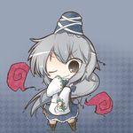  ;) chibi dekasudachin detached_sleeves dress grey_eyes grey_hair hat high_collar japanese_clothes kariginu long_hair mononobe_no_futo ofuda one_eye_closed ponytail smile solo tate_eboshi touhou 