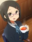  black_eyes black_hair black_tea cup glasses indoors k-on! kisuke_(akutamu) okuda_nao school_uniform short_hair sitting solo steam tea teacup 