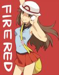  arm_up armpits bag bare_arms bare_legs bare_shoulders between_breasts blue_(pokemon) breasts brown_eyes brown_hair copyright_name cowboy_shot hat head_tilt holding holding_poke_ball holding_up long_hair looking_at_viewer maruishi medium_breasts messenger_bag miniskirt outstretched_arm pleated_skirt poke_ball pokemon pokemon_(game) pokemon_frlg porkpie_hat red_background shirt shoulder_bag sidelocks simple_background skirt sleeveless sleeveless_shirt smile solo standing strap_cleavage vs_seeker 