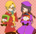  :i alternate_hairstyle bad_id bad_pixiv_id bebe_stevens black_hair blonde_hair braid carrying coat glasses gloves green_eyes hat kyle_broflovski long_hair maco22 multiple_girls purple_eyes smile south_park stan_marsh sweater twin_braids wendy_testaburger 