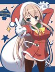  1girl 2011 bag black_legwear black_thighhighs blonde blonde_hair blue_eyes breasts christmas female gloves hat headphones kuronekogata large_breasts legwear long_hair new_year original santa_costume santa_hat skirt solo sony standing stockings thighhighs 