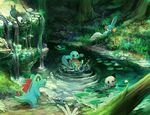  commentary creature forest gen_1_pokemon gen_2_pokemon gen_3_pokemon gen_4_pokemon gen_5_pokemon glitchedpuppet lily_pad log lying mudkip nature no_humans on_back on_stomach oshawott piplup pokemon pokemon_(creature) pond ripples rock shell splashing squirtle totodile tree turtle water waterfall 