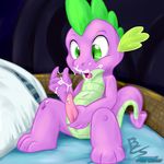  cum cum_on_chest cum_on_face cum_on_hand dragon friendship_is_magic gamicross green_eyes male masturbation my_little_pony penis pillow purple_body scalie self-facial solo spike_(mlp) spines 