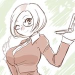  1girl breasts glasses handheld_game_console heart index_finger_raised large_breasts looking_at_viewer nikki_(swapnote) nintendo_3ds one_eye_closed short_hair smile solo swapnote toragura 