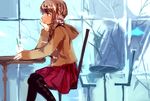  argyle argyle_legwear bad_id bad_pixiv_id bangs black_legwear brown_eyes brown_hair chair chin_rest cup drinking_straw fur_trim jacket long_sleeves original pantyhose scrunchie short_hair short_ponytail side_ponytail sitting sketch skirt solo table tan_(tangent) window winter 