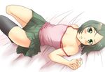  bare_shoulders bed blush bob_cut camisole crossdressing fate/zero fate_(series) green_eyes green_hair looking_at_viewer lying male_focus mican0216 nipples on_back otoko_no_ko pleated_skirt short_hair single_thighhigh skirt solo strap_slip thighhighs waver_velvet 