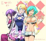  aquarion_(series) aquarion_evol blush breasts cleavage cleavage_cutout crop_top frills glasses highres large_breasts magatama midriff mikono_suzushiro mix_(aquarion) multiple_girls navel one_eye_closed pantyhose ribbon short_shorts shorts thighhighs wardrobe_malfunction wince wrist_cuffs zessica_wong 